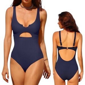 NWT* NAVY- Ribbed One Piece Swimsuit Cutout Scoop
Neck High‎ Cut Padded M…